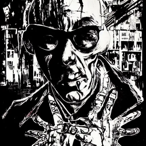 Image similar to Graphic Illustration of the anti-christ, Cyberpunk, Portrait, graffiti, by Ralph Steadman, Hunter S Thompson