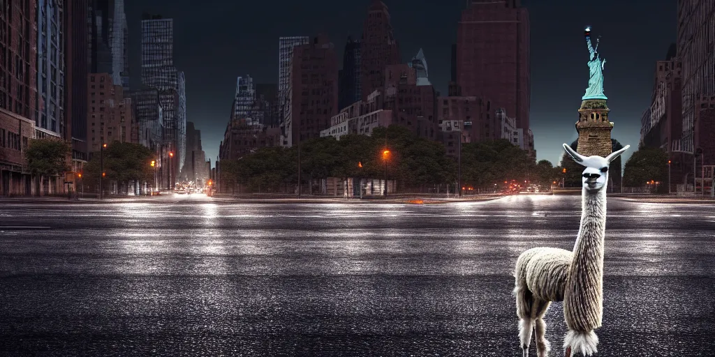 Image similar to a llama walking through a desolate manhattan city street at night, statue of liberty seen in the background, realistic 4 k octane beautifully detailed render, 4 k post - processing, highly detailed, detailed face, intricate complexity, epic composition, magical atmosphere, cinematic lighting, masterpiece, color picture, ultra hd