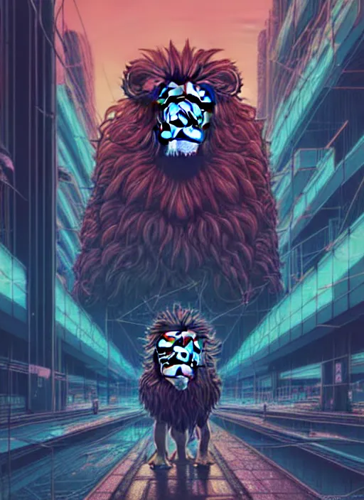 Image similar to a lion in cyberpunk city abandoned by dan mumford, center frame singular high fantasy character concept art symmetrical features, digital painting, sharp focus, illustration