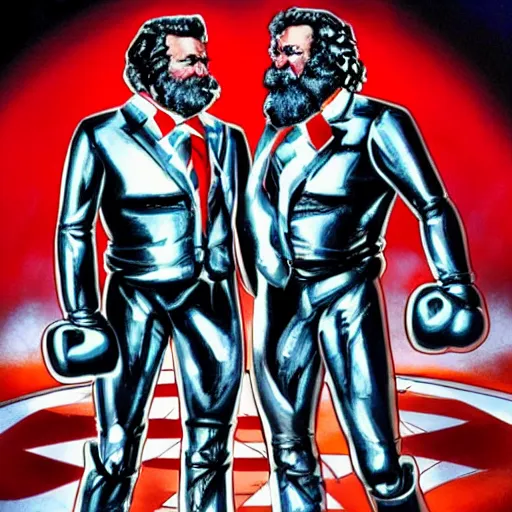 Image similar to ronald reagan and karl marx wearing giant metal shiny exoskeleton suits fighting to the death in the center of a futuristic boxing ring, distant cheering crowd, dramatic lighting, dramatic stadium lighting