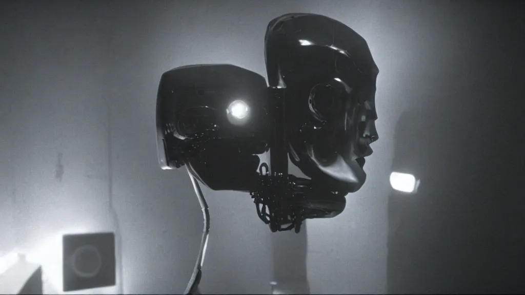 Image similar to The man with robot head, movie still, cinematic composition, cinematic light, by David Lynch