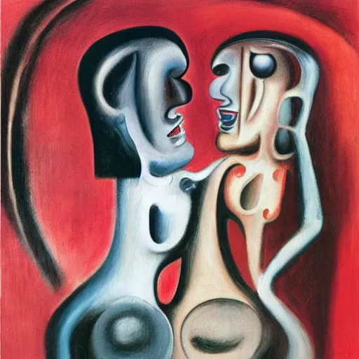 Image similar to Oil painting by Roberto Matta. Two mechanical gods kissing. Portrait by Marlene Dumas. Dali.