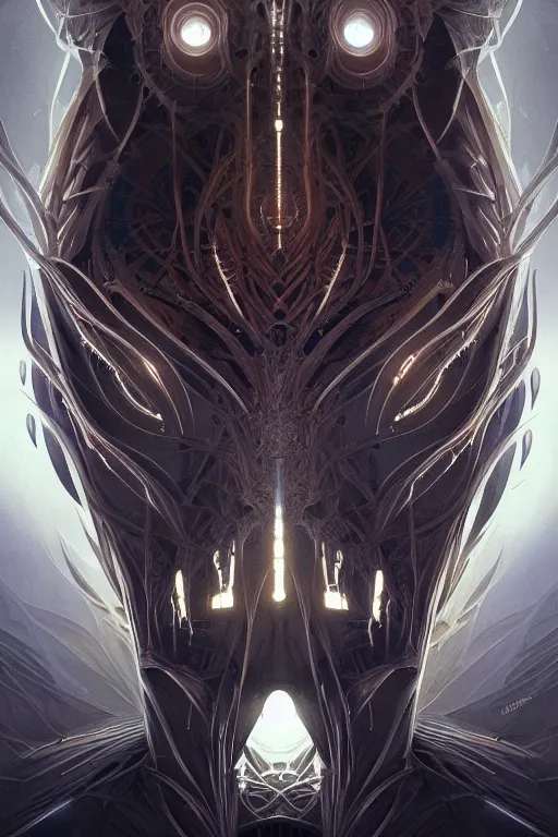Image similar to professional concept art symmetrical portrait of a horrendous mechanical predatory fractal! species in a dark room by artgerm and greg rutkowski. an intricate, elegant, highly detailed digital painting, concept art, smooth, sharp focus, illustration, in the style of cam sykes.