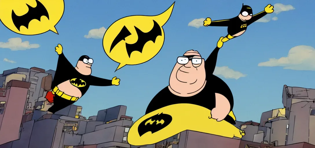 Prompt: peter griffin as batman, flying in sky