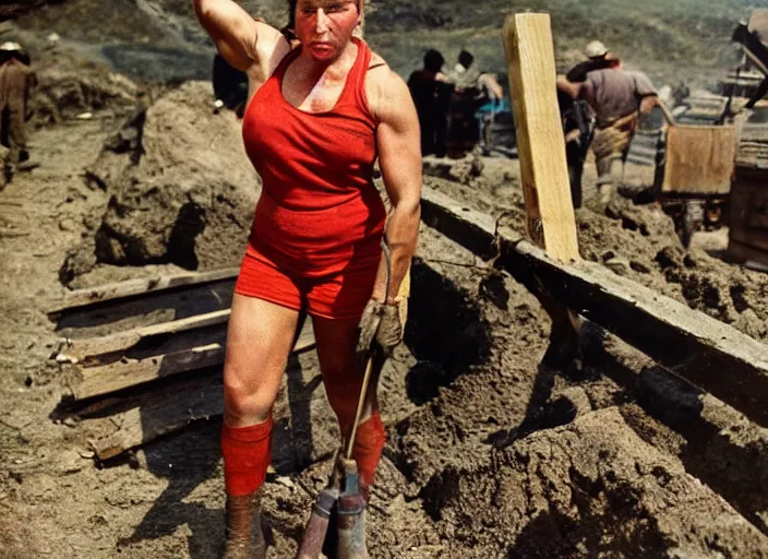 Image similar to 90's professional color photograph, A very muscular miner woman at work