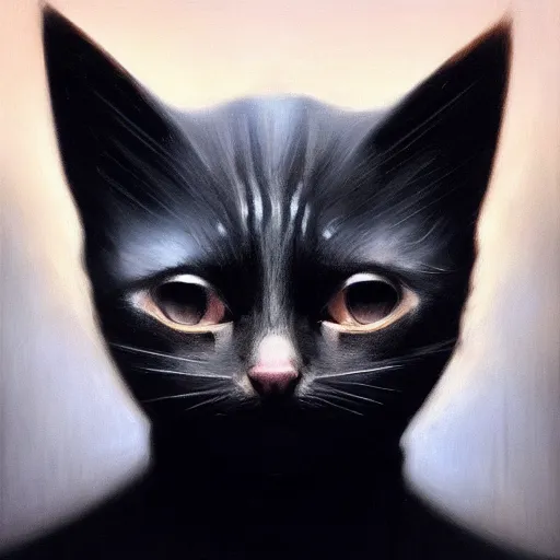 Prompt: a portrait of a kitten wearing a black hood, cloak covering face, anatomically correct, beautiful perfect face, enigmatic, oil painting, matte, black background, Volumetric dynamic lighting, Highly Detailed, Cinematic Lighting, Unreal Engine, 8k, HD, by Beksinski