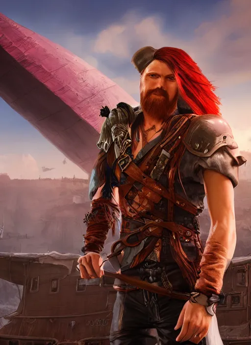 Prompt: an epic fantasy comic book style portrait painting of a long haired, red headed male sky - pirate in front of an airship, unreal 5, daz, hyperrealistic, octane render, cosplay, rpg portrait, dynamic lighting, in the style of final fantasy