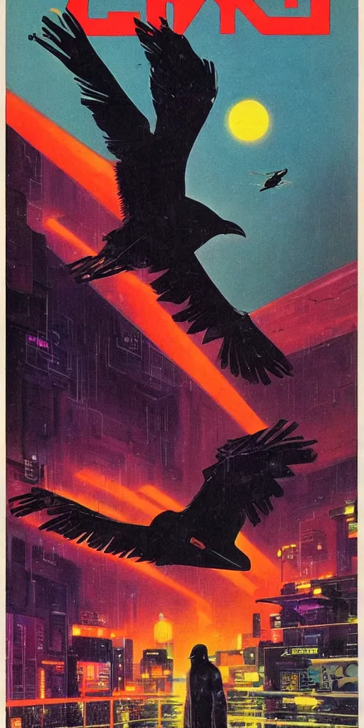 Prompt: 1979 OMNI Magazine Cover of a raven in neo-Tokyo in cyberpunk style by Vincent Di Fate