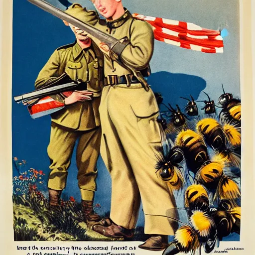 Image similar to a sleeping soldier is stung by a bumblebee, ww 2 allied propaganda poster, no text, highly detailed