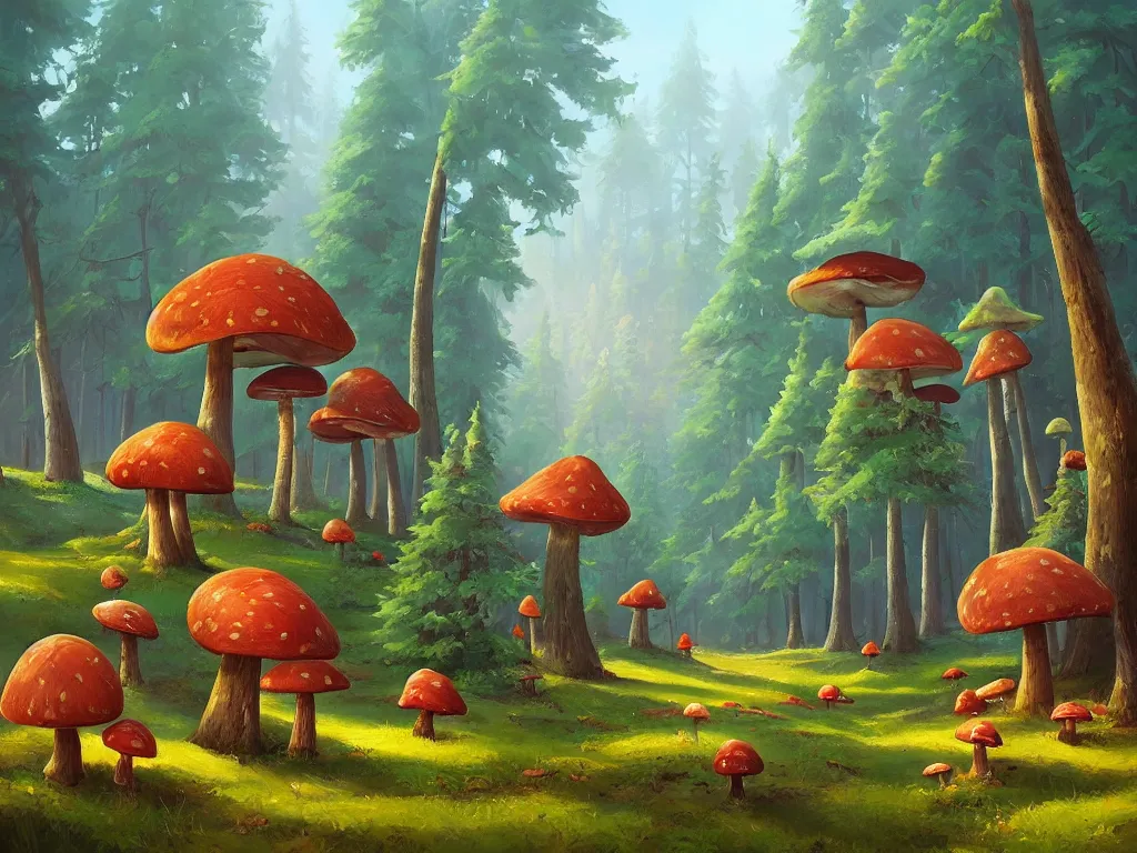 Prompt: A beautiful painting of a pine forest with mushroom villages, tiny cottages in the form of mushrooms, Digital Art by RHADS, Trending on artstation