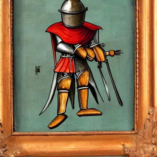 Image similar to one - armed medieval armored knight with bucket on his head, painting