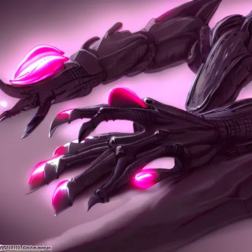 Image similar to very close up foot pov shot, detailed foot shot, feet art, furry paw pov, paw pov, dragon paw, paws, hyperdetailed elegant beautiful stunning hot anthropomorphic mecha female dragon, sharp silver armor fuchsia skin, showing high quality hyperdetailed paws mecha dragon feet at camera, sharp claws, warframe fanart, furaffinity, deviantart