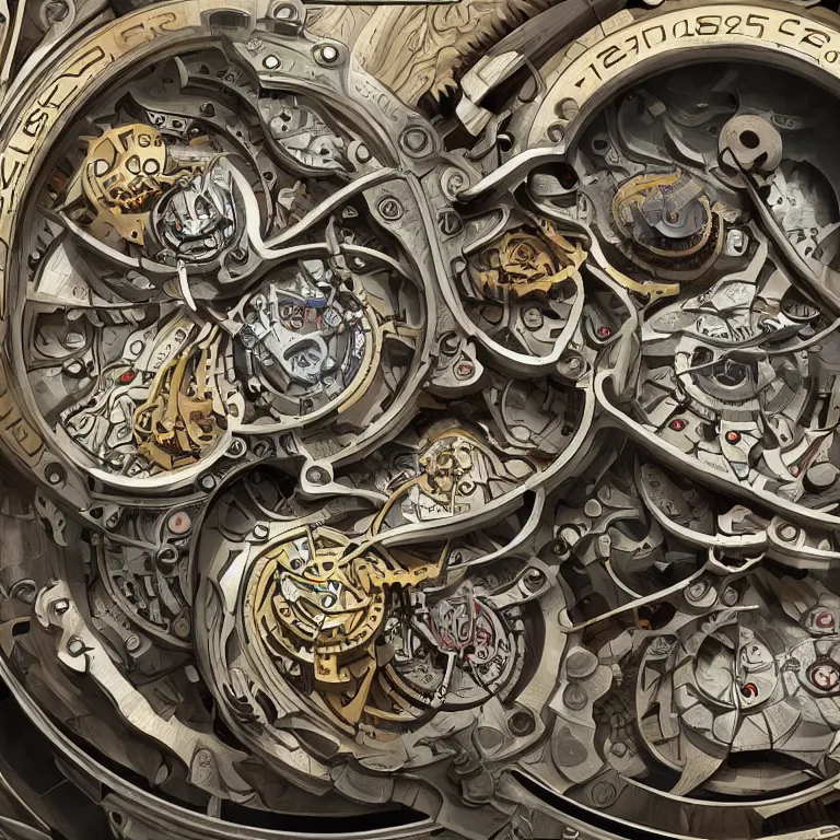 Image similar to fine art painting of the inner workings of a complex timepiece, artstation, cgsociety, very detailed, intricate, detailed illustration