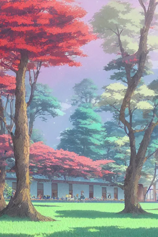 Image similar to a colorful high school building with beautiful trees, morning, by studio ghibli painting, superior quality, masterpiece, traditional Japanese colors, by Grzegorz Rutkowski, concept art