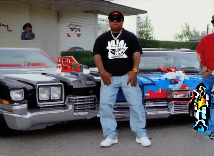 Image similar to nwa in front of a lowrider made by lego