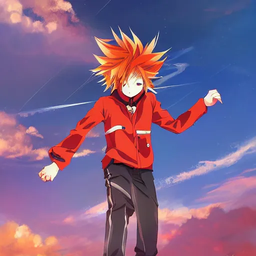 Image similar to orange - haired anime boy, 1 7 - year - old anime boy with wild spiky hair, wearing red jacket, flying through sky, ultra - high jump, late evening, blue hour, cirrus clouds, ultra - realistic, sharp details, subsurface scattering, blue sunshine, intricate details, hd anime, 2 0 1 9 anime