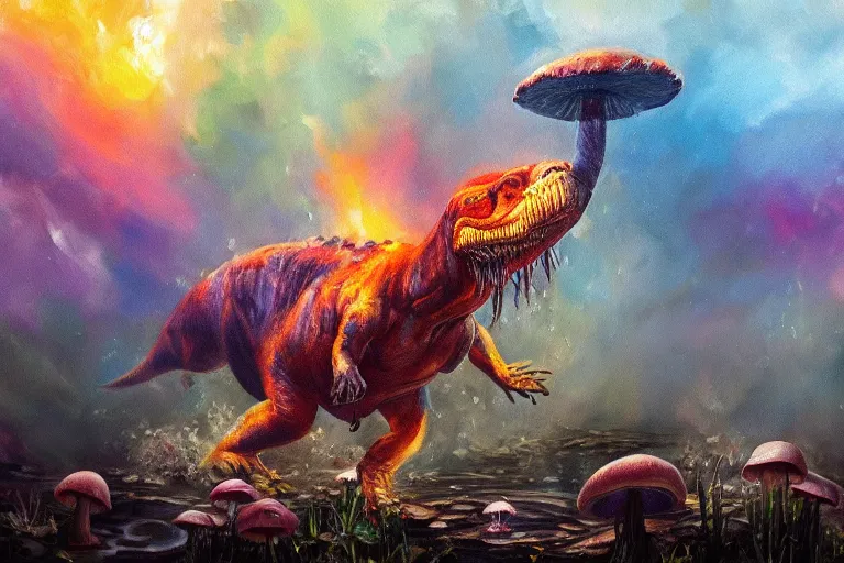 Image similar to highly detailed oil painting of a tyrannosaurus!! ( ( mushroom ) ) in a steaming colorful hotspring, featured on artstation