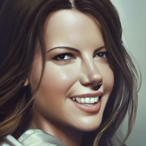 Image similar to closeup portrait of a kate beckinsale as a software engineer, she is a nerd, seductive smile, chiaroscuro, computer geek, golden hour, dramatic lighting, complementary contrast, high detail, painted by greg rutkowski, painted by igor kieryluk, trending on artstation