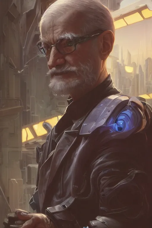 Image similar to cyberpunk old man, cyber arms augments, cyborg, movie poster, normal hands, normal legs, cinematic lighting, intricate, rugged, highly detailed, digital painting, artstation, smooth, sharp focus, illustration, art by artgerm and greg rutkowski and alphonse mucha and Wayne Barlowe and william-adolphe bouguereau