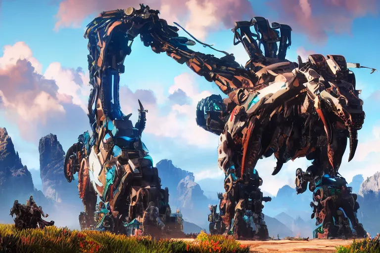 Image similar to grimhorn fanghorn machine mecha animal beast robot of horizon forbidden west horizon zero dawn bioluminiscence global illumination ray tracing hdr fanart arstation by sung choi and eric pfeiffer and gabriel garza and casper konefal