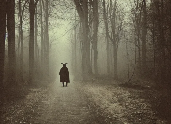 Image similar to medium shot, a plague doctor walks towards a house, woods, horror, night, polaroid photo, vintage, neutral colors, by gregory crewdson,