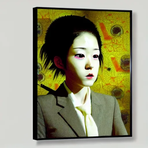 Image similar to yoshitaka amano blurred and dreamy realistic three quarter angle horror portrait of a sinister young woman with short hair and yellow eyes wearing office suit with tie, junji ito abstract patterns in the background, satoshi kon anime, noisy film grain effect, highly detailed, renaissance oil painting, weird portrait angle, blurred lost edges