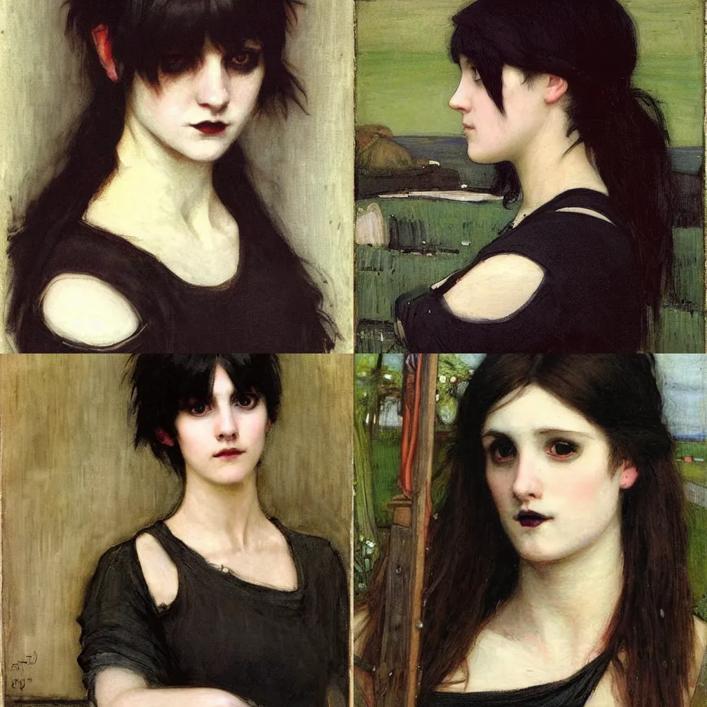 Prompt: a goth portrait painted by john william waterhouse. her hair is dark brown and cut into a short, messy pixie cut. she has a slightly rounded face, with a pointed chin, large entirely - black eyes, and a small nose. she is wearing a black tank top, a black leather