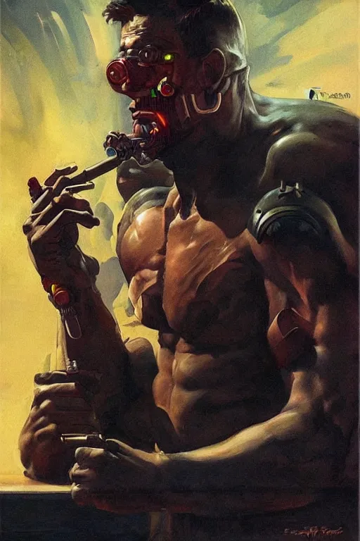 Image similar to A muscular male android smoking a cigar in a cyberpunk setting, by Frank Frazetta, Trending on Artstation, highly detailed,