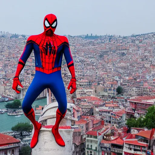 Image similar to Spider-man on top of the Galata Tower in Istanbul, photorealistic, 4K, 200mm lens