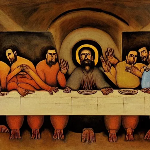 Image similar to the last supper painted by David Alfaro Siqueiros detailed, hyper-detailed, very realistic