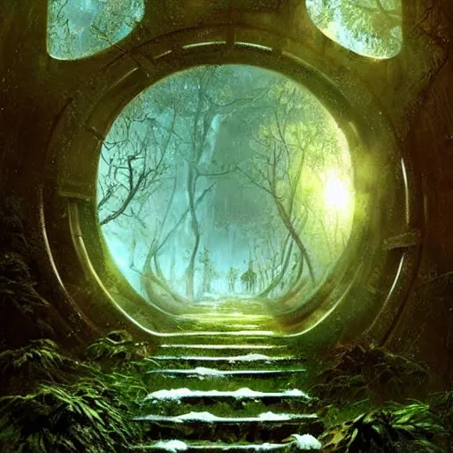 Image similar to stairs leading to a frozen derelict portal in a middle of a snowy lush futuristic forest, green lush world seen only through a portal, daylight, cinematic lighting, blue sky, syd mead, john harris