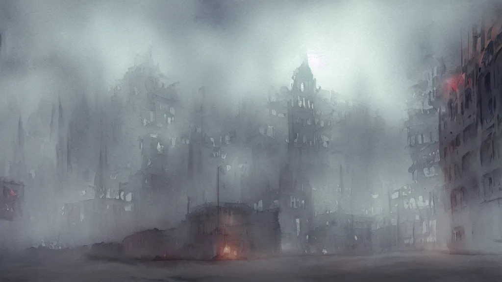 Image similar to a watercolor painting of an abandoned city in hell, scary, foggy, fantasy, smoke, fire, circular, digital art,