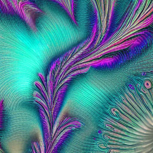 Prompt: an highly detailed irregular warped fractal of feathers by Emek Golan, background of outer space neon nebulas by Pilar Gogar, 8k hdr octane render
