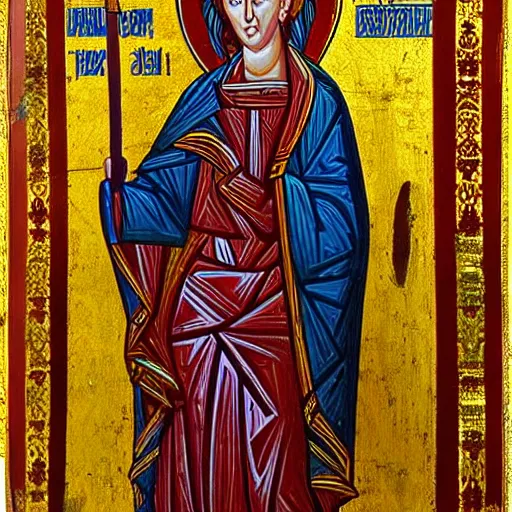 Image similar to A Byzantine icon of Margaret Thatcher, highly detailed, colorful, British museum