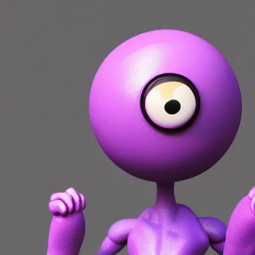 Image similar to photo of a comically tiny clay model of character with large spherical purple head and large childlike eyes with comically tiny body and spindly limbs leans close to the camera, fish eye lens, 4 k, hyper realistic, hyper detailed face, octane render, comedic, cute