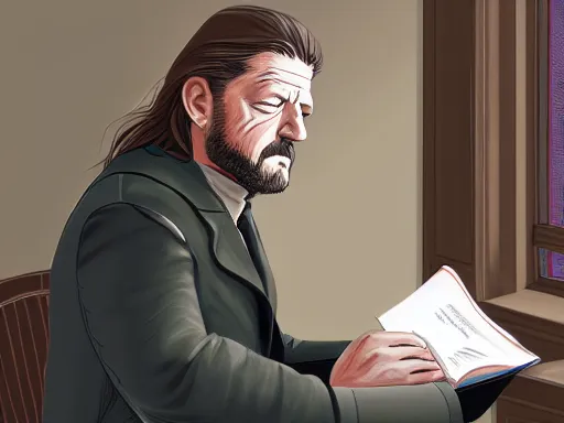 Prompt: portrait of Lord Ned Stark sitting thoughtfully at a desk, reding a big book, elegant, digital painting, sharp focus, painted by Marc Simonett