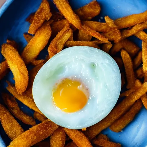 Prompt: close up high resolution photo of a blue fried egg, very tasty, food photography, instagram, realistic, trending