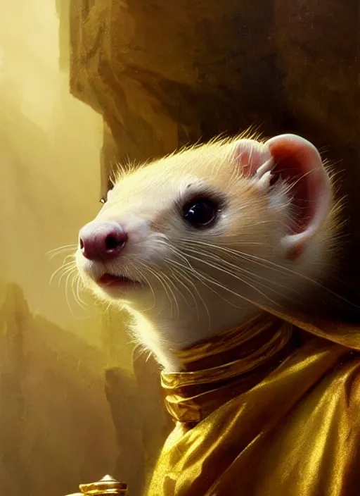 Prompt: a beautiful closeup shot from a fantasy film of a humanoid spotted ferret with golden eyes wearing a loose tunic. an anthropomorphic ferret with gold eyes. joseph ducreux, greg rutkowski.