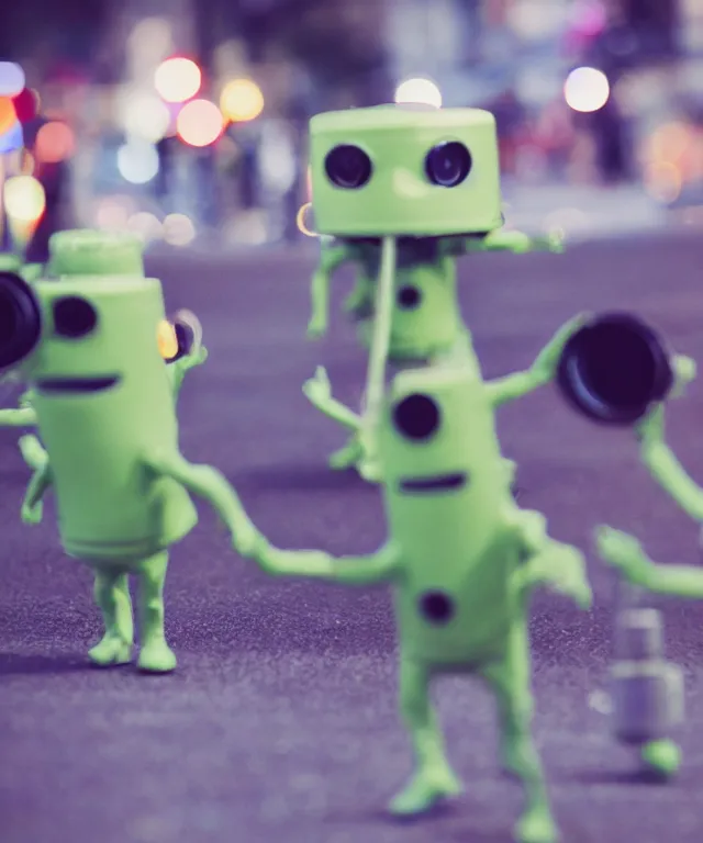 Image similar to high quality presentation photo of cute little green men from outer space, photography 4k f1.8 anamorphic bokeh 4k Canon Nikon