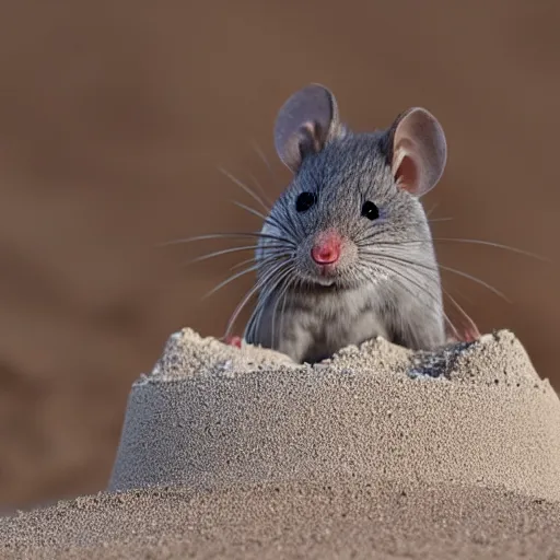 Image similar to a very cute grey mouse sitting in a small sand castle