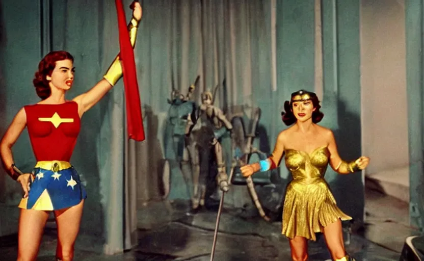 Image similar to ingrid bergman as wonder woman in a scene from the 1 9 4 8 film'wonder woman versus the robots '. colourful. 1 9 5 0 s. action. beautiful. powerful.