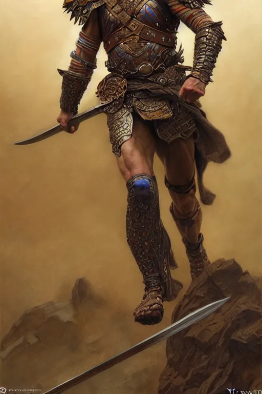 Prompt: full - body portrait of a running warrior, male, breastplate, magical, high fantasy, d & d, by donato giancola, face details, extremely detailed, digital illustration