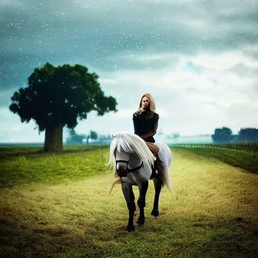 Prompt: cute annie leonhart riding a minecraft horse in a field, beautiful face, pale skin, rule of thirds, cinematic lighting, rainy weather, melancholy atmosphere, sharp focus, backlit, stunning, smooth, hard focus, full body shot, instagram photo, shot on sony a 7 iii, hyper realistic