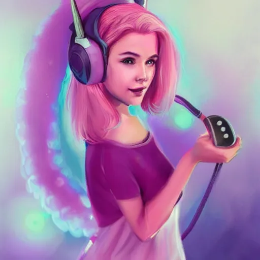 Image similar to very very very beautiful pink gamer girl wearing headphones with a unicorn horn coming out of her head standing in a pink girls room, full body portrait, eye contact, smiling, perfect face, perfect body, extreme long shot, drawn by charlie bowater