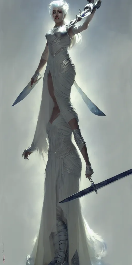 Prompt: craig mullins painting of queen of zokra, silver white hair, long gown, sorceress sword, soft lighting, trending on artstation, by huang guangjian and gil elvgren and sachin teng