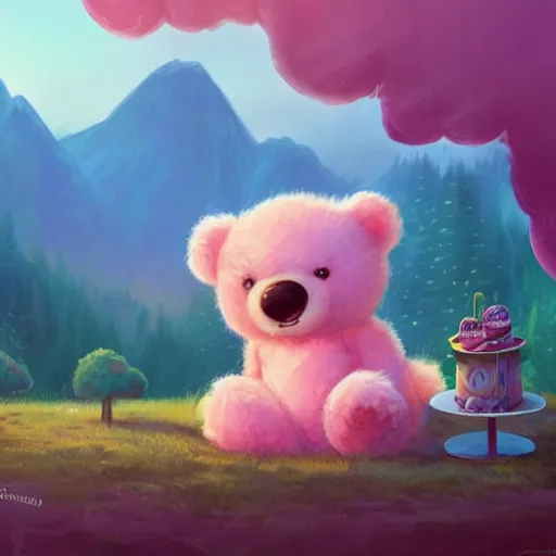 Image similar to a beautiful digital matte painting of an adorable teddy bear with fairy wings sleeping on a cloud of cotton candy, surrounded by candy and desserts, bright natural morning light, mountains river trees, pastel color palette, by andreas rocha and jeremiah ketner