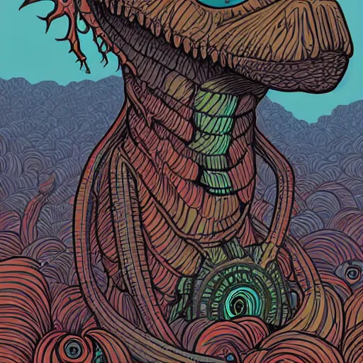 Prompt: An illustration of a monster with a tall neck and a big head, has multiple eyes, illustrated by Dan Mumford