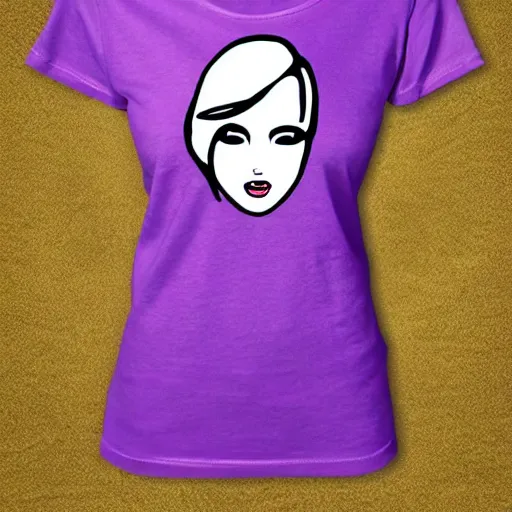 Prompt: a purple t-shirt with a cartoon woman's face