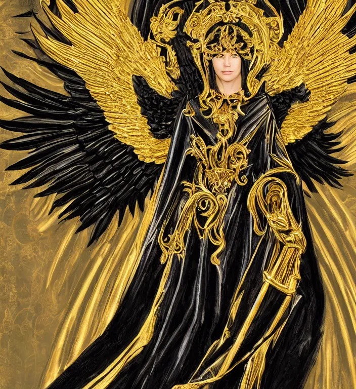 Image similar to full length picture of the angel of death wearing black robes with gold wings in an elaborate cathedral, high octane, 8k, ultra detailed, photorealistic