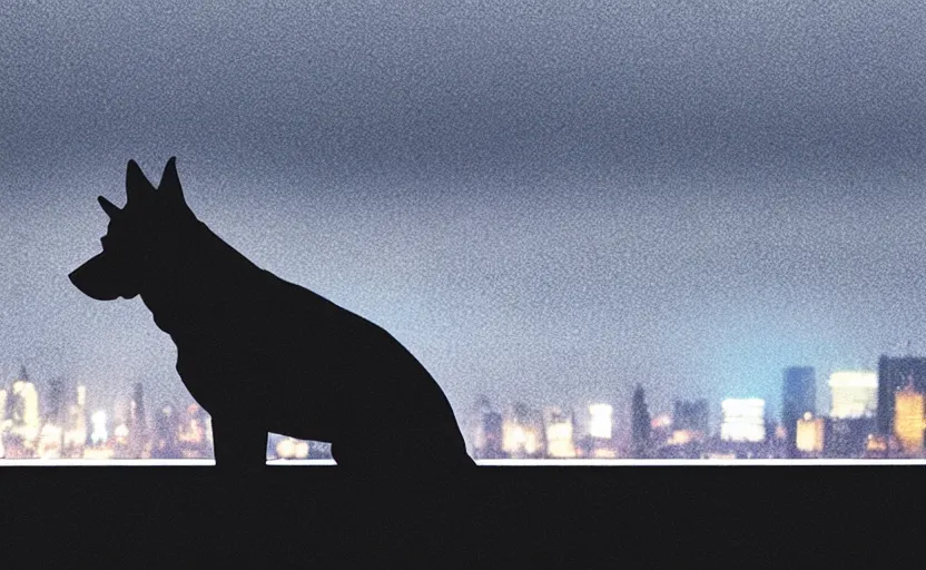 Image similar to a dog is looking out of a window at night staring at a skyline in rain, movie still, silhouette, 8 k